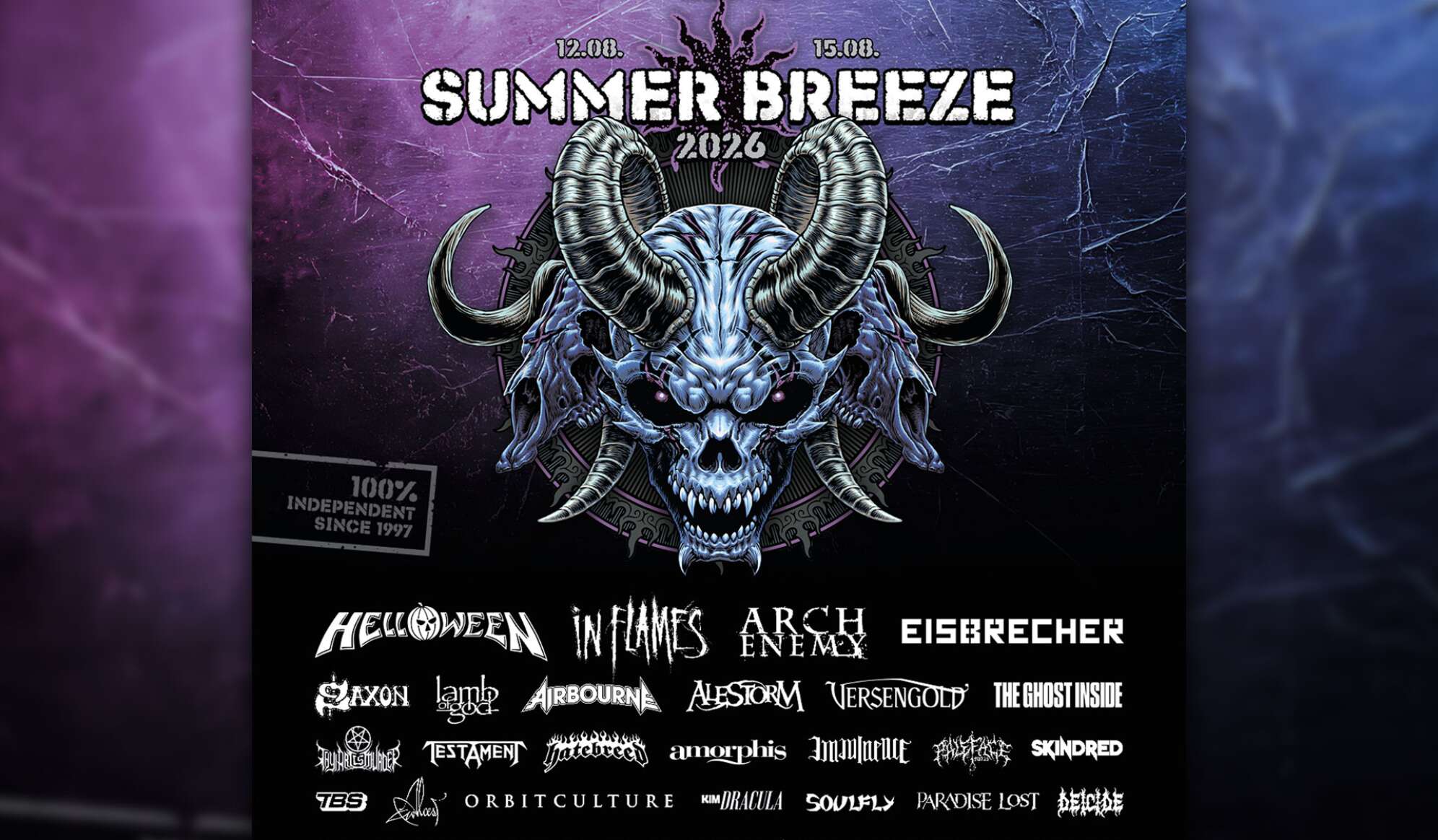 Plakat des SUMMER BREEZE Open Air Metalfestivals 2026 mit Bandlogos wie Helloween, In Flames, Arch Enemy, Eisbrecher etc