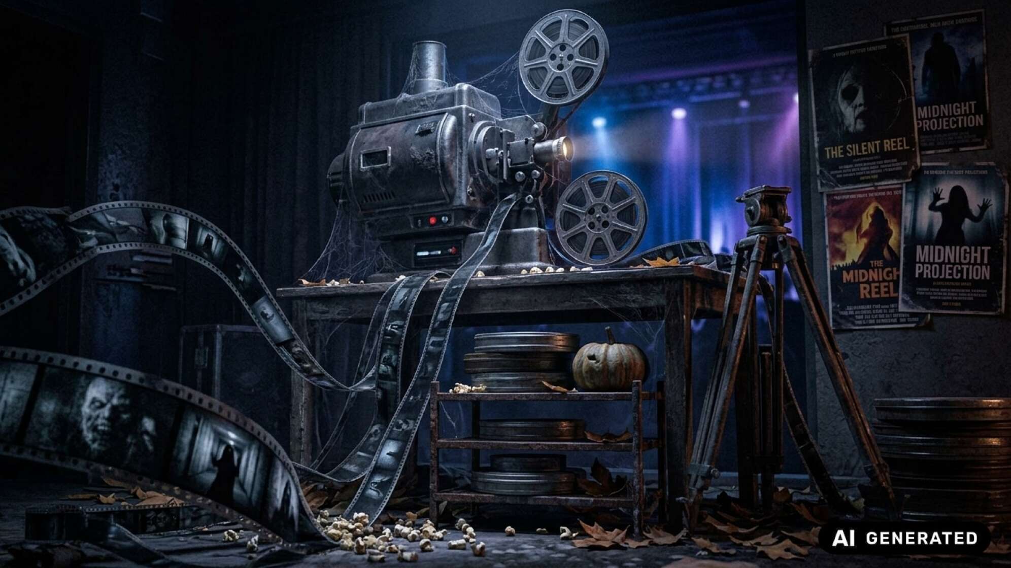 Alter Filmprojektor mit langen Filmstreifen auf einem Tisch in einem düsteren Kino, dazu Filmrollen, Stativ, Popcorn, kleiner Kürbis und Horrorfilm-Plakate. Symbolbild, KI-generiert.