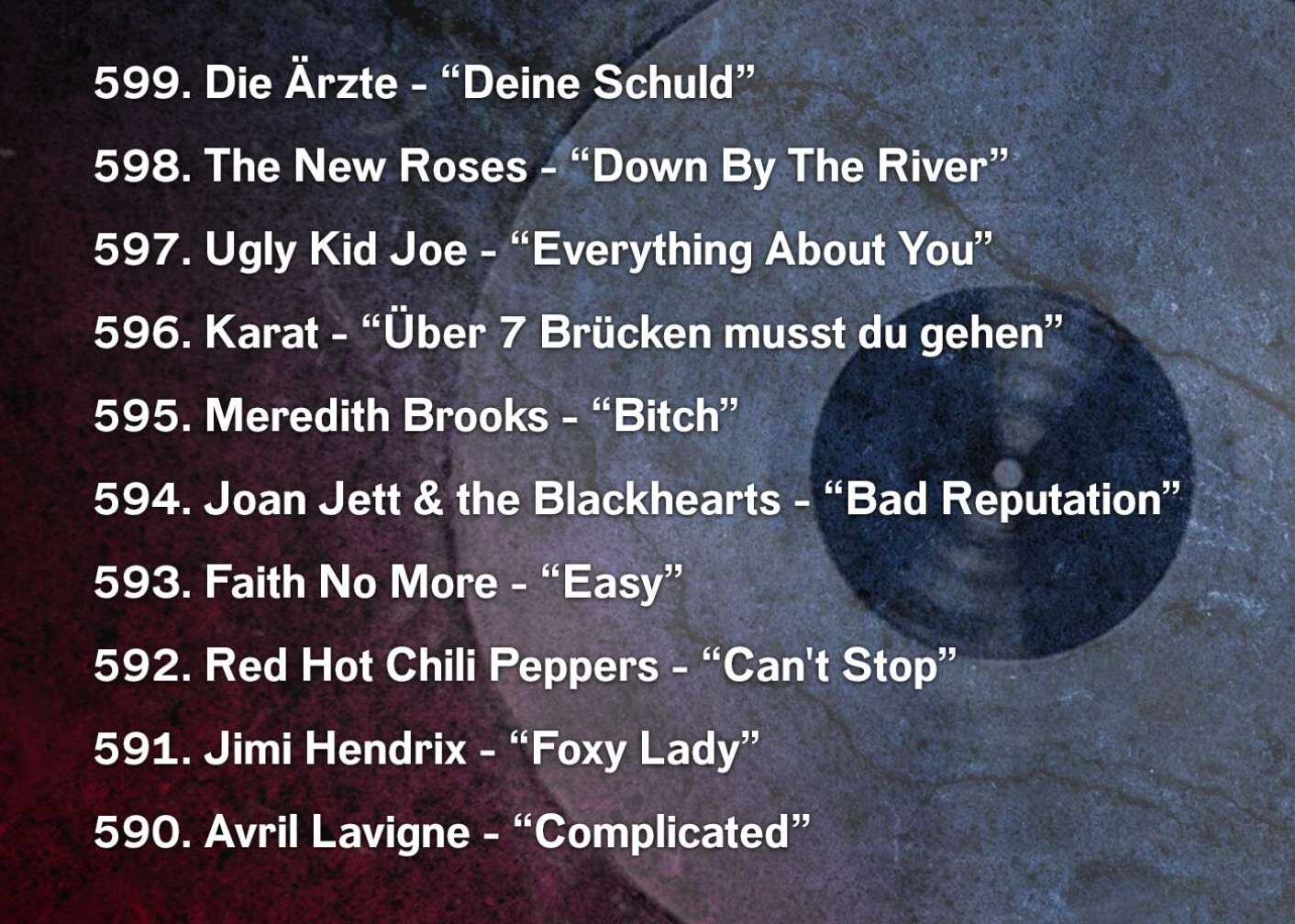 599. Die Ärzte - “Deine Schuld” 598. The New Roses - “Down By The River” 597. Ugly Kid Joe - “Everything About You” 596. Karat - “Über 7 Brücken musst du gehen” 595. Meredith Brooks - “Bitch” 594. Joan Jett & the Blackhearts - “Bad Reputation” 593. Faith No More - “Easy” 592. Red Hot Chili Peppers - “Can't Stop” 591. Jimi Hendrix - “Foxy Lady” 590. Avril Lavigne - “Complicated”