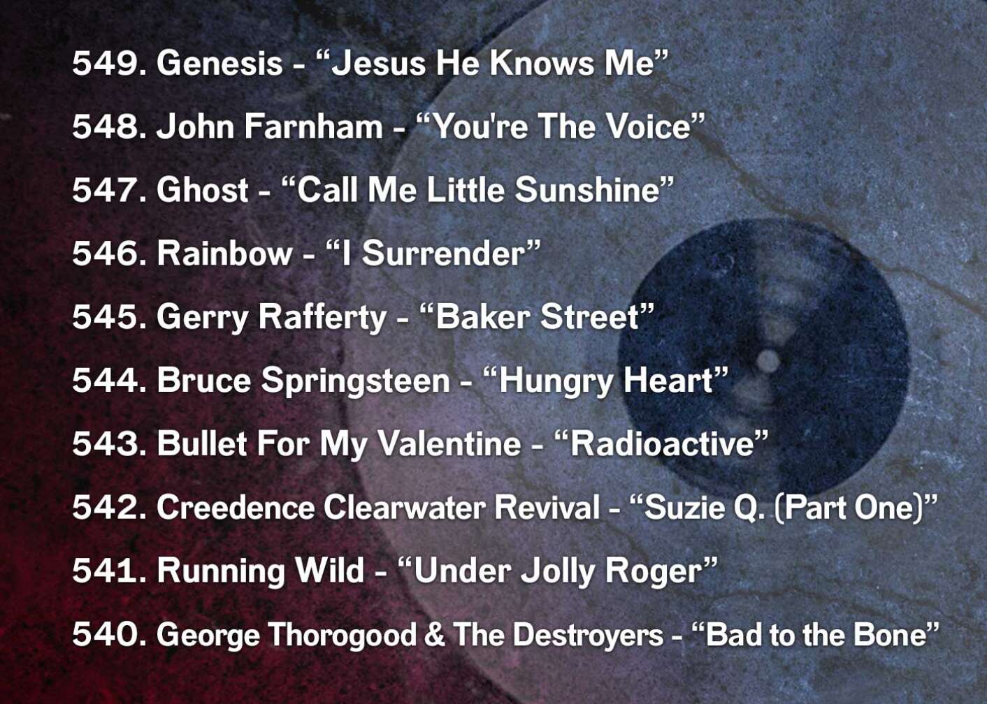 549. Genesis - “Jesus He Knows Me” 548. John Farnham - “You're The Voice” 547. Ghost - “Call Me Little Sunshine” 546. Rainbow - “I Surrender” 545. Gerry Rafferty - “Baker Street” 544. Bruce Springsteen - “Hungry Heart” 543. Bullet For My Valentine - “Radioactive” 542. Creedence Clearwater Revival - “Suzie Q. (Part One)” 541. Running Wild - “Under Jolly Roger” 540. George Thorogood & The Destroyers - “Bad to the Bone”