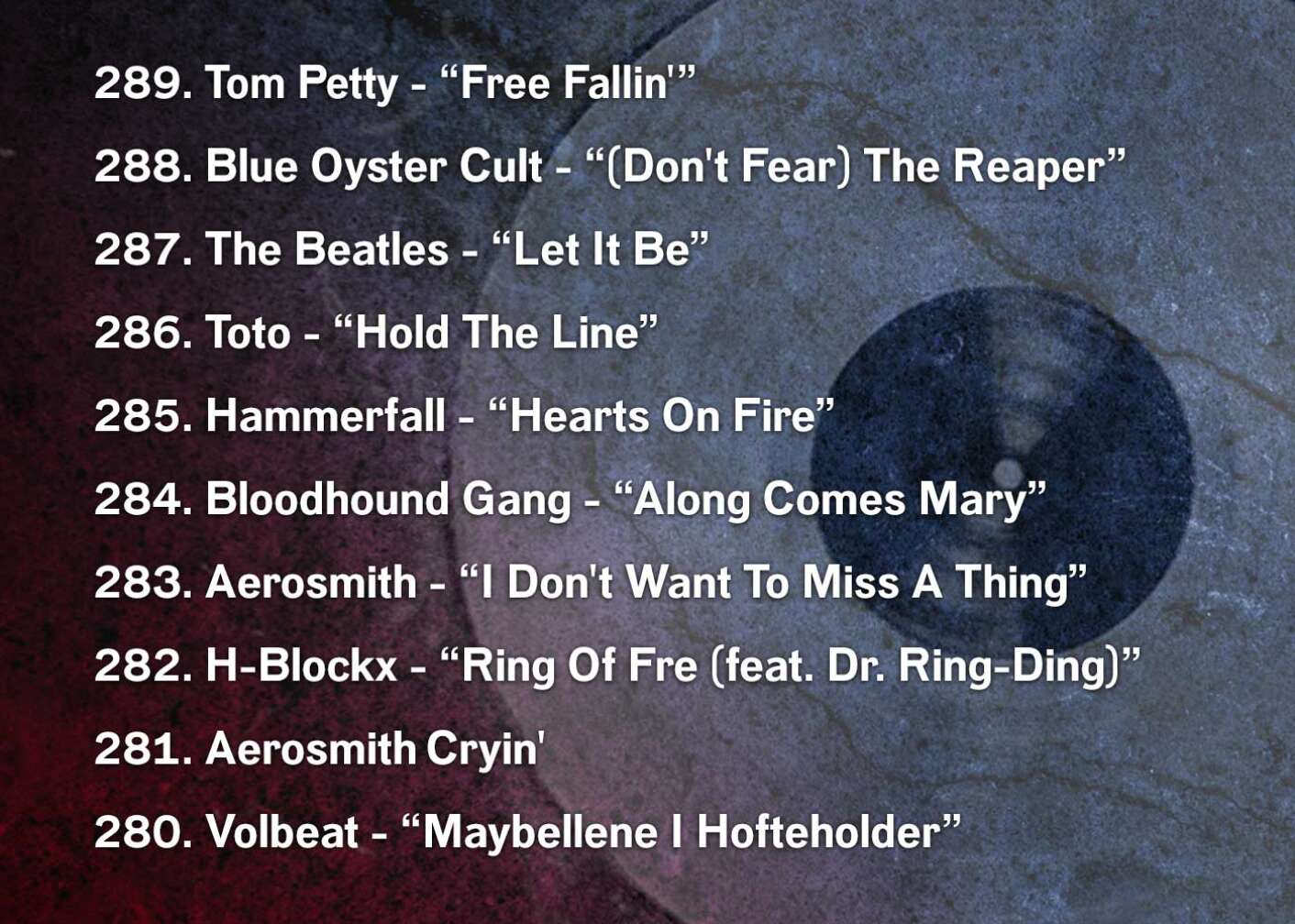 289. Tom Petty - “Free Fallin'” 288. Blue Oyster Cult - “(Don't Fear) The Reaper” 287. The Beatles - “Let It Be” 286. Toto - “Hold The Line” 285. Hammerfall - “Hearts On Fire” 284. Bloodhound Gang - “Along Comes Mary” 283. Aerosmith - “I Don't Want To Miss A Thing” 282. H-Blockx - “Ring Of Fre (feat. Dr. Ring-Ding)” 281. Aerosmith	Cryin' 280. Volbeat - “Maybellene I Hofteholder”